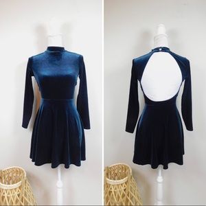 Dark Green Velvet Open Back Skater Long Sleeve Minimal Revival American Apparel